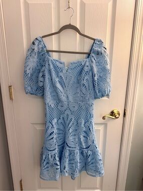 womens pink lace dress Love Me Long Sleeve Mini front closure Sheer short exchangeable COLOR:Ivory/Blue Multi 19 Days of Jury